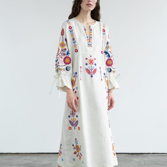 Ukrainian brand linen floral beige dress ETNODIM - Picture 4 of 8